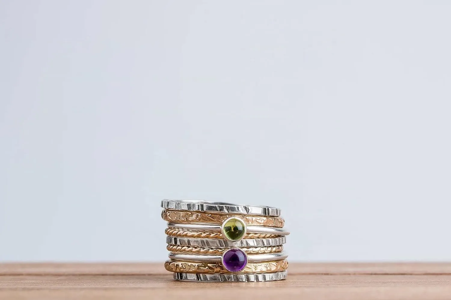Set of 9 Mixed Metal Colorful Stacking Rings | Gold and Silver Stackable Stack Ring Bands with Gemstones | Comfort Fit | USA Sizes 4-12 (7, Lime Green Peridot & Purple Amethyst)
