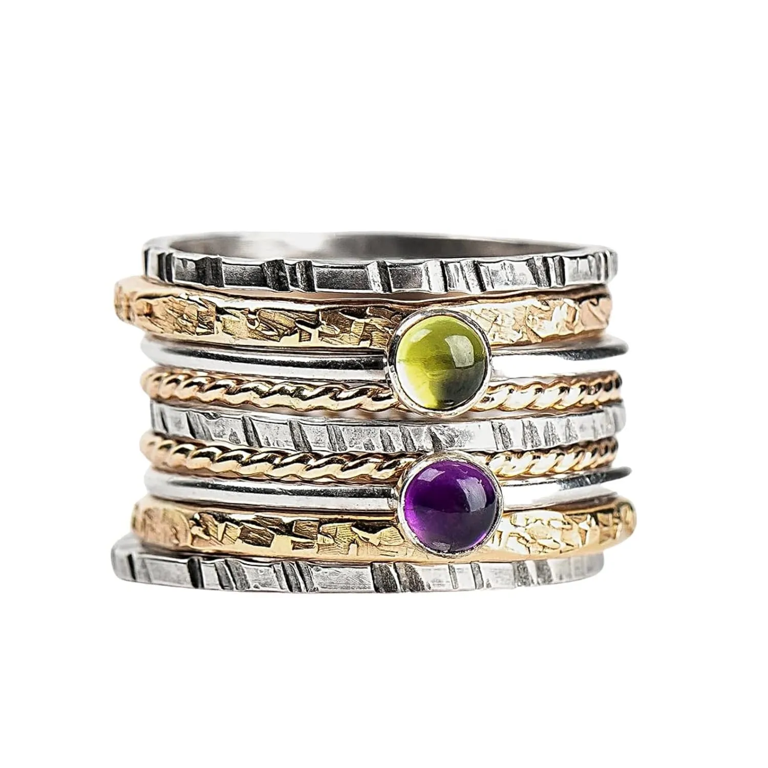 Set of 9 Mixed Metal Colorful Stacking Rings | Gold and Silver Stackable Stack Ring Bands with Gemstones | Comfort Fit | USA Sizes 4-12 (7, Lime Green Peridot & Purple Amethyst)