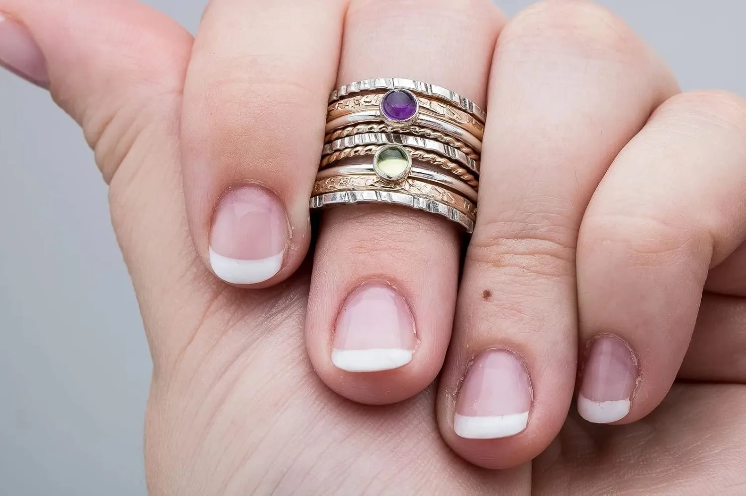 Set of 9 Mixed Metal Colorful Stacking Rings | Gold and Silver Stackable Stack Ring Bands with Gemstones | Comfort Fit | USA Sizes 4-12 (7, Lime Green Peridot & Purple Amethyst)