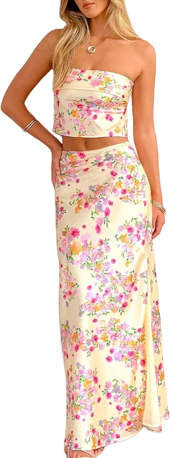 Seyumixi Women Floral Maxi Skirt Set Strapless Backless Tube Top Satin Long Skirt Y2k Two Piece Sets Going Out Outfits
