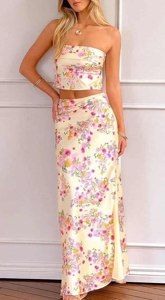 Seyumixi Women Floral Maxi Skirt Set Strapless Backless Tube Top Satin Long Skirt Y2k Two Piece Sets Going Out Outfits