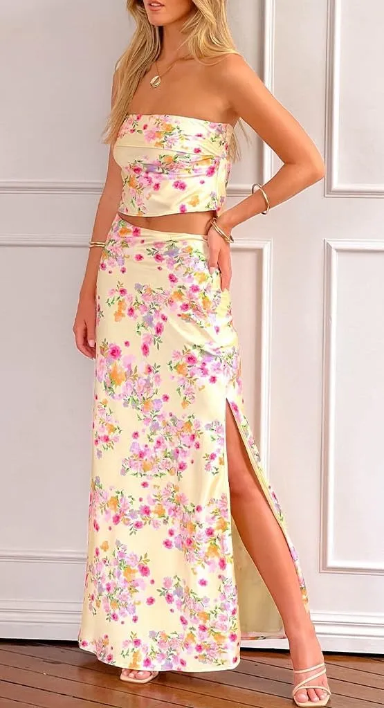 Seyumixi Women Floral Maxi Skirt Set Strapless Backless Tube Top Satin Long Skirt Y2k Two Piece Sets Going Out Outfits