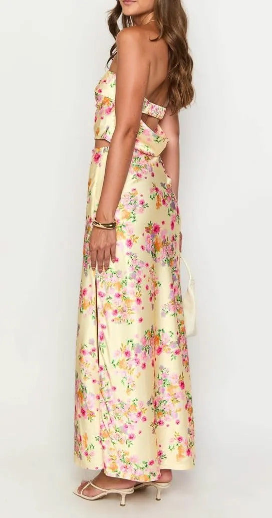 Seyumixi Women Floral Maxi Skirt Set Strapless Backless Tube Top Satin Long Skirt Y2k Two Piece Sets Going Out Outfits