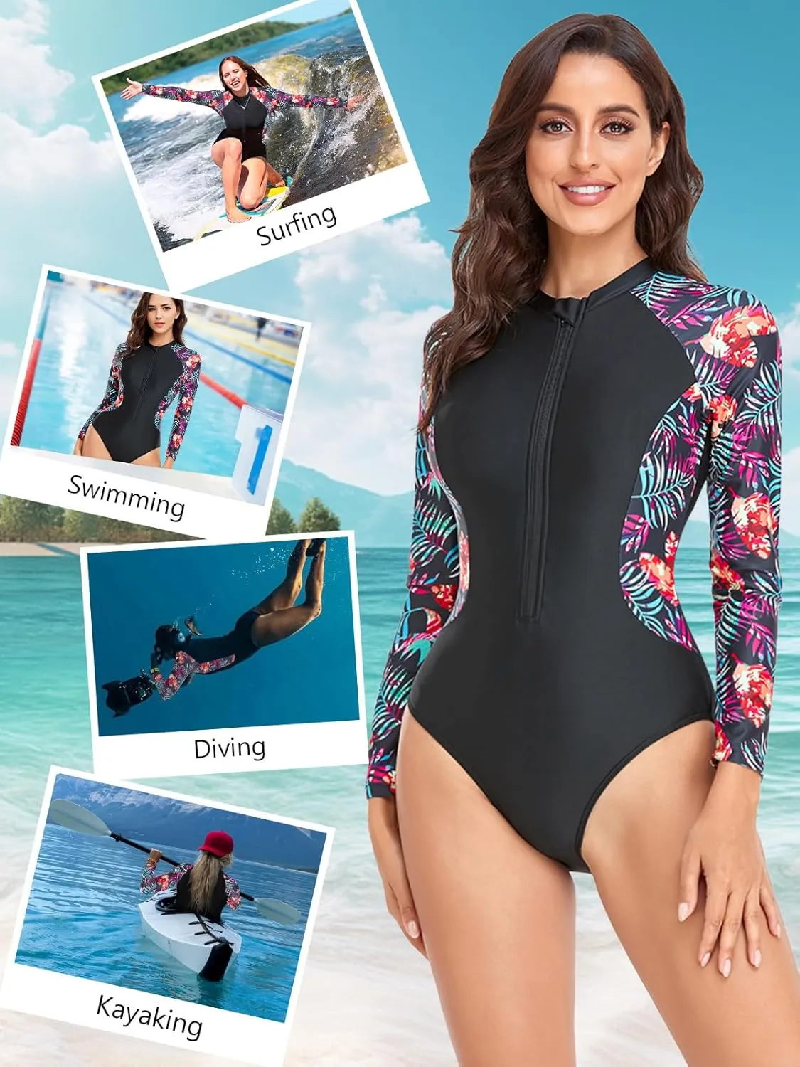 SHAPERIN Women's Long Sleeve Rash Guard UV UPF 50  Sun Protection Zipper Printed Surfing One Piece Swimsuits Bathing Suit