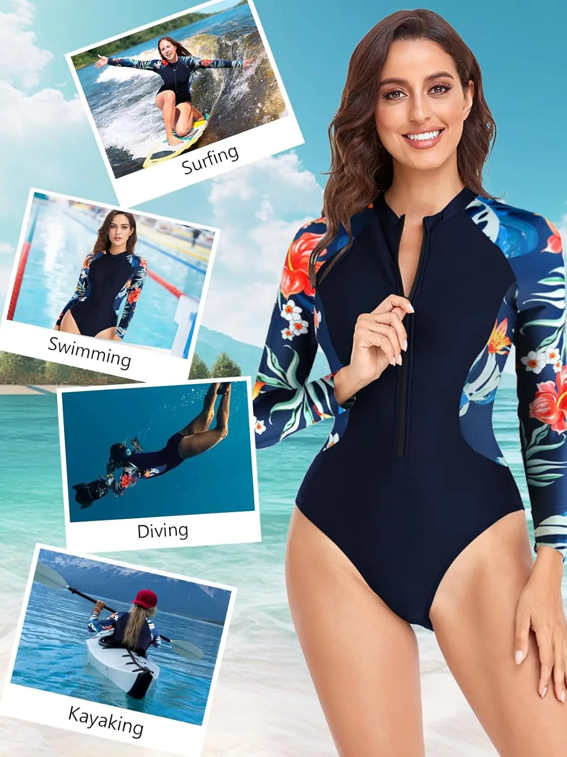 SHAPERIN Women's Long Sleeve Rash Guard UV UPF 50  Sun Protection Zipper Printed Surfing One Piece Swimsuits Bathing Suit