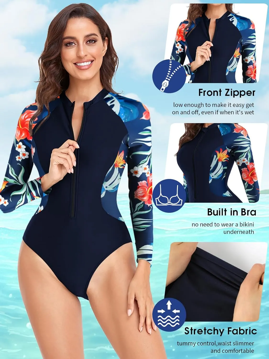 SHAPERIN Women's Long Sleeve Rash Guard UV UPF 50  Sun Protection Zipper Printed Surfing One Piece Swimsuits Bathing Suit