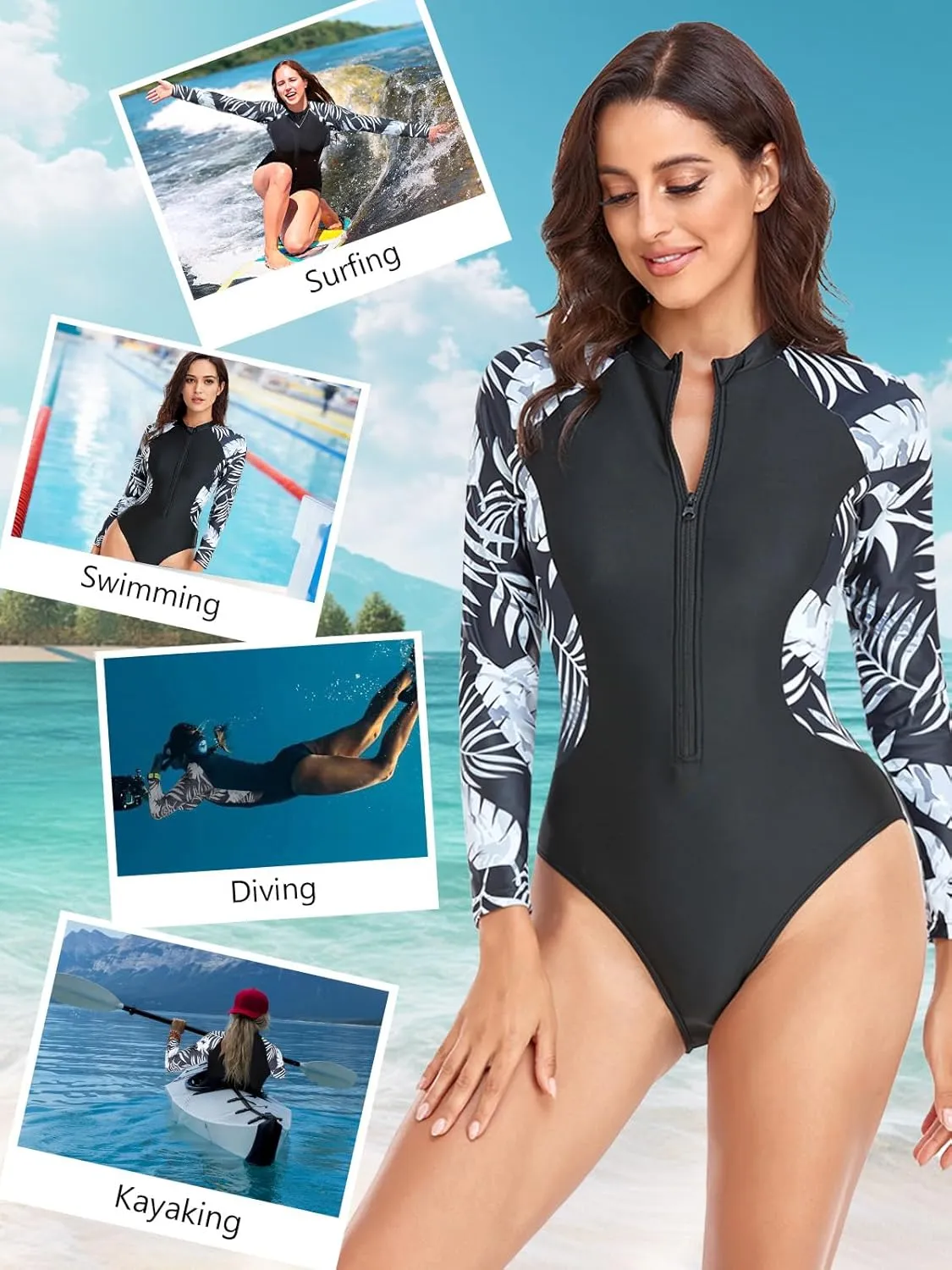 SHAPERIN Women's Long Sleeve Rash Guard UV UPF 50  Sun Protection Zipper Printed Surfing One Piece Swimsuits Bathing Suit