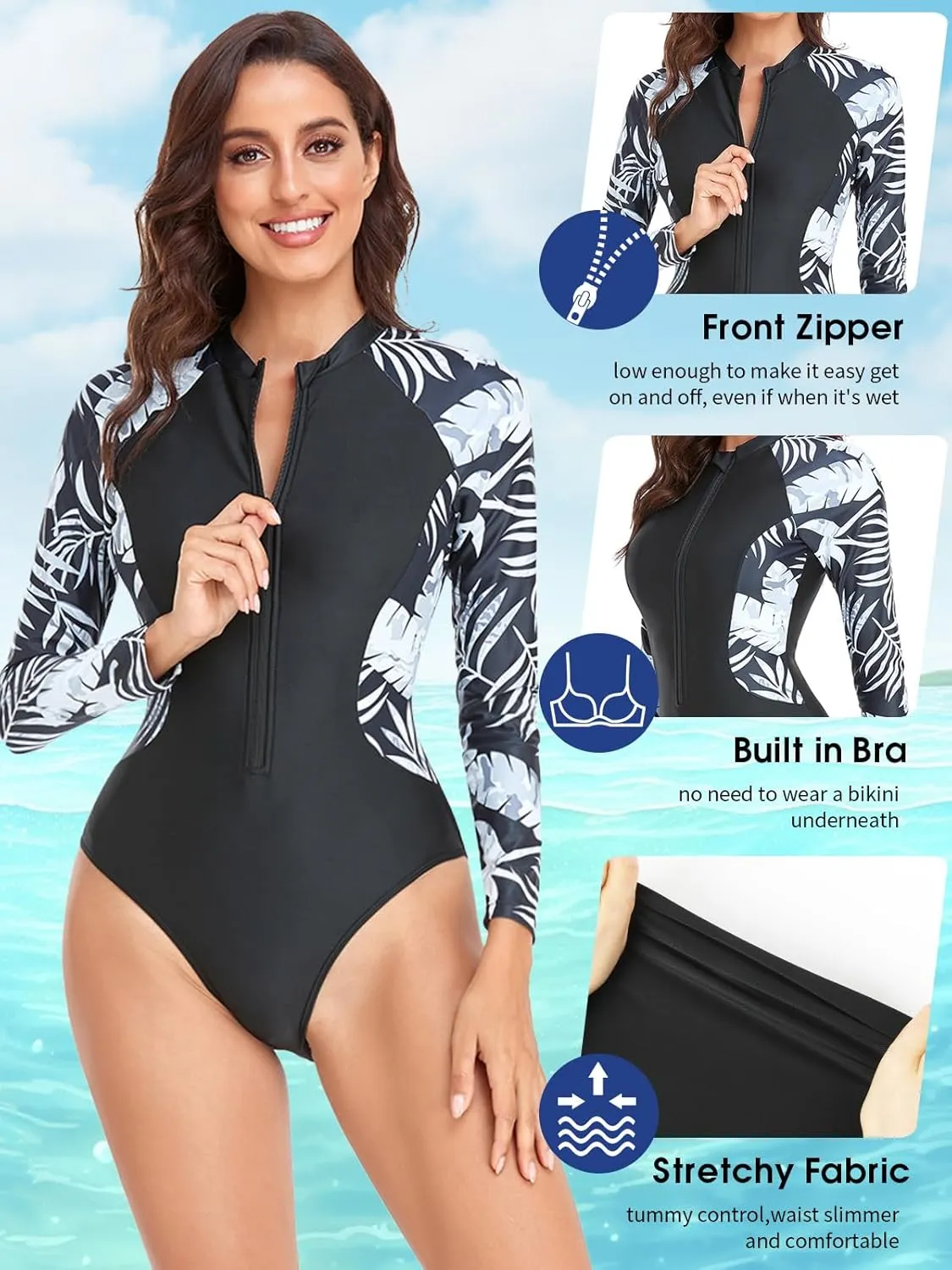 SHAPERIN Women's Long Sleeve Rash Guard UV UPF 50  Sun Protection Zipper Printed Surfing One Piece Swimsuits Bathing Suit