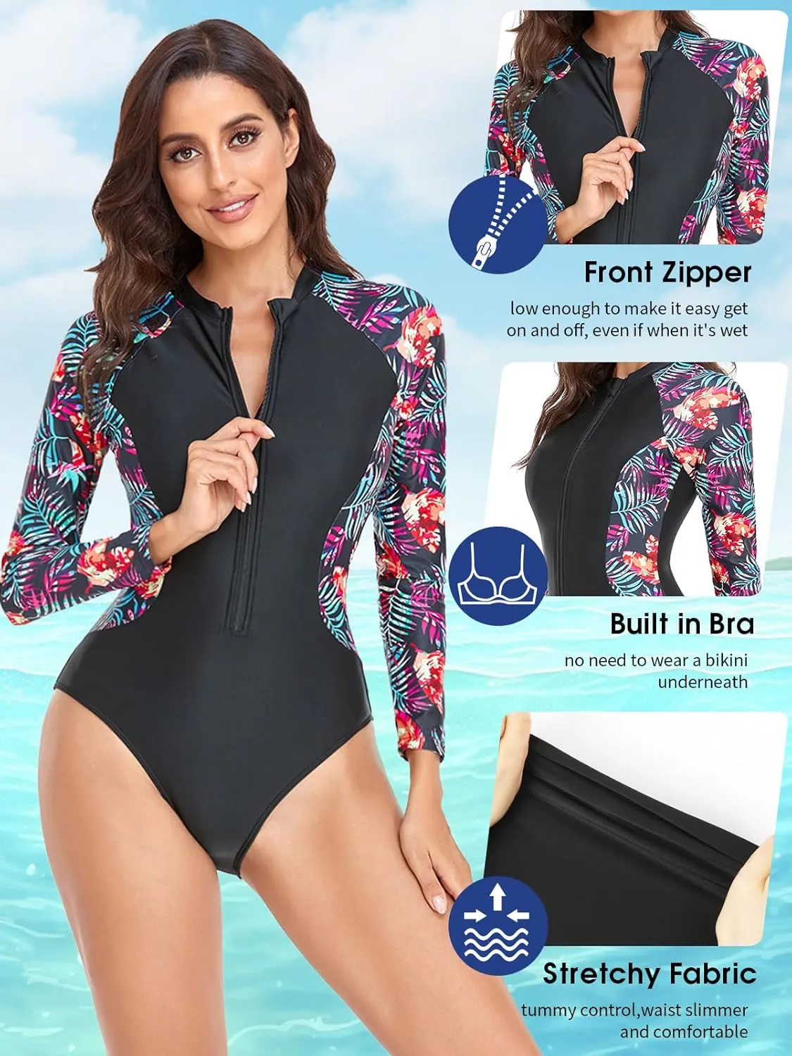 SHAPERIN Women's Long Sleeve Rash Guard UV UPF 50  Sun Protection Zipper Printed Surfing One Piece Swimsuits Bathing Suit