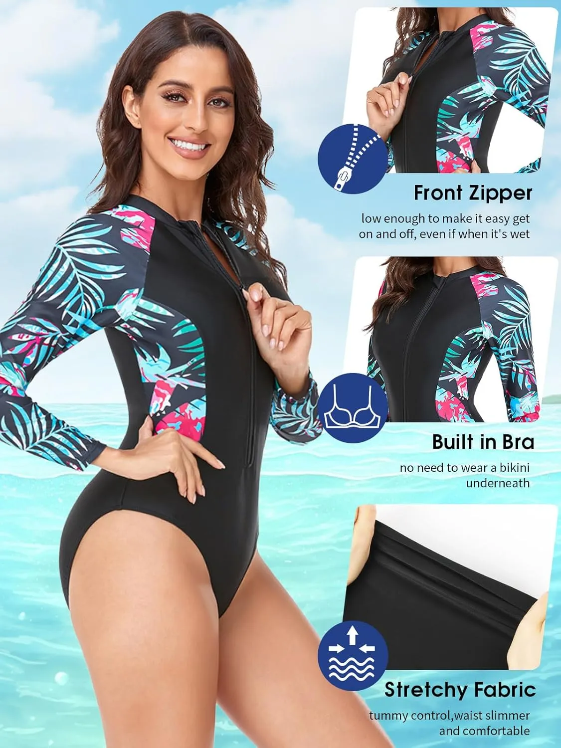 SHAPERIN Women's Long Sleeve Rash Guard UV UPF 50  Sun Protection Zipper Printed Surfing One Piece Swimsuits Bathing Suit