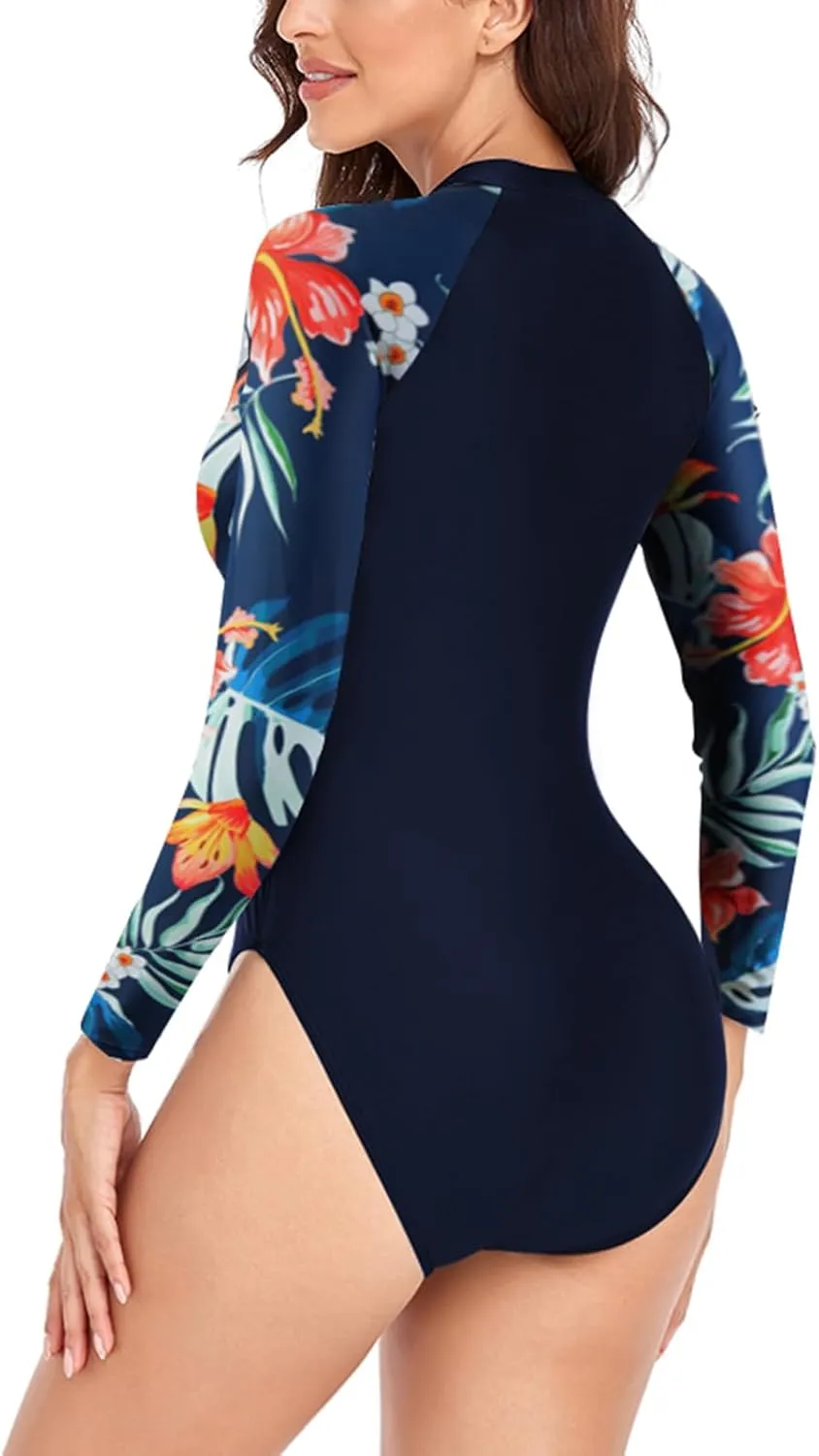 SHAPERIN Women's Long Sleeve Rash Guard UV UPF 50  Sun Protection Zipper Printed Surfing One Piece Swimsuits Bathing Suit