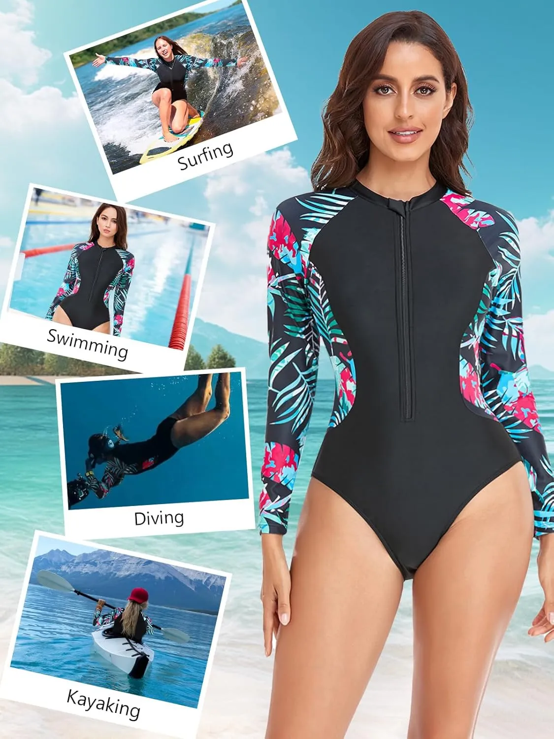 SHAPERIN Women's Long Sleeve Rash Guard UV UPF 50  Sun Protection Zipper Printed Surfing One Piece Swimsuits Bathing Suit