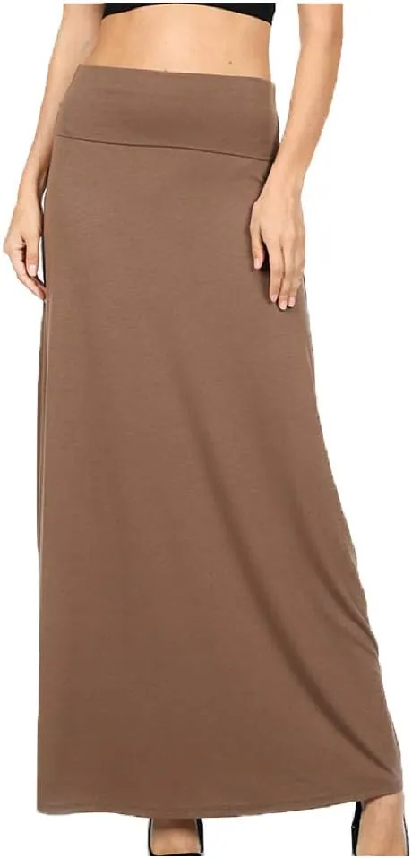 ShezPretty Women's Premium Fold Over High Waist Long Floor Length Maxi Skirt (Medium, Mocha)