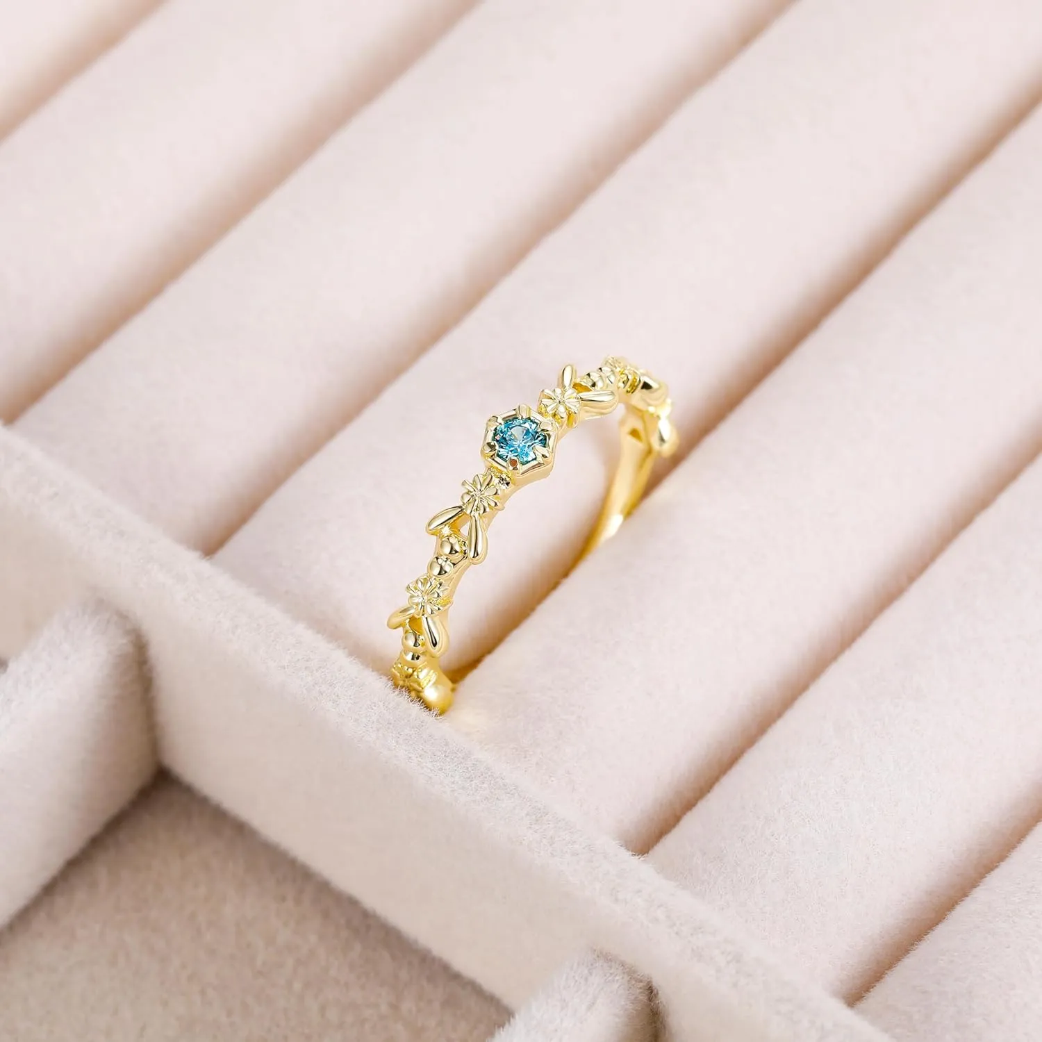 SHINYSO 14K Gold Plated Wedding Band for Women Created Blue Topaz Thin Stacking Ring CZ Eternity Engagement Ring Size 4-10
