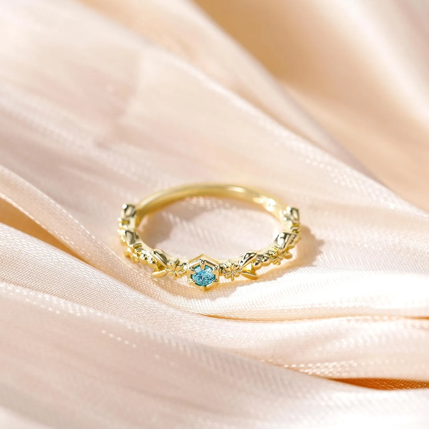 SHINYSO 14K Gold Plated Wedding Band for Women Created Blue Topaz Thin Stacking Ring CZ Eternity Engagement Ring Size 4-10
