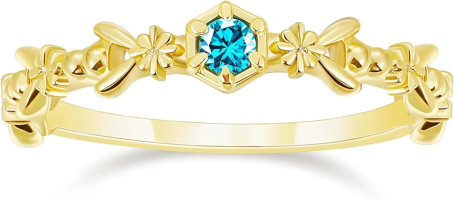 SHINYSO 14K Gold Plated Wedding Band for Women Created Blue Topaz Thin Stacking Ring CZ Eternity Engagement Ring Size 4-10