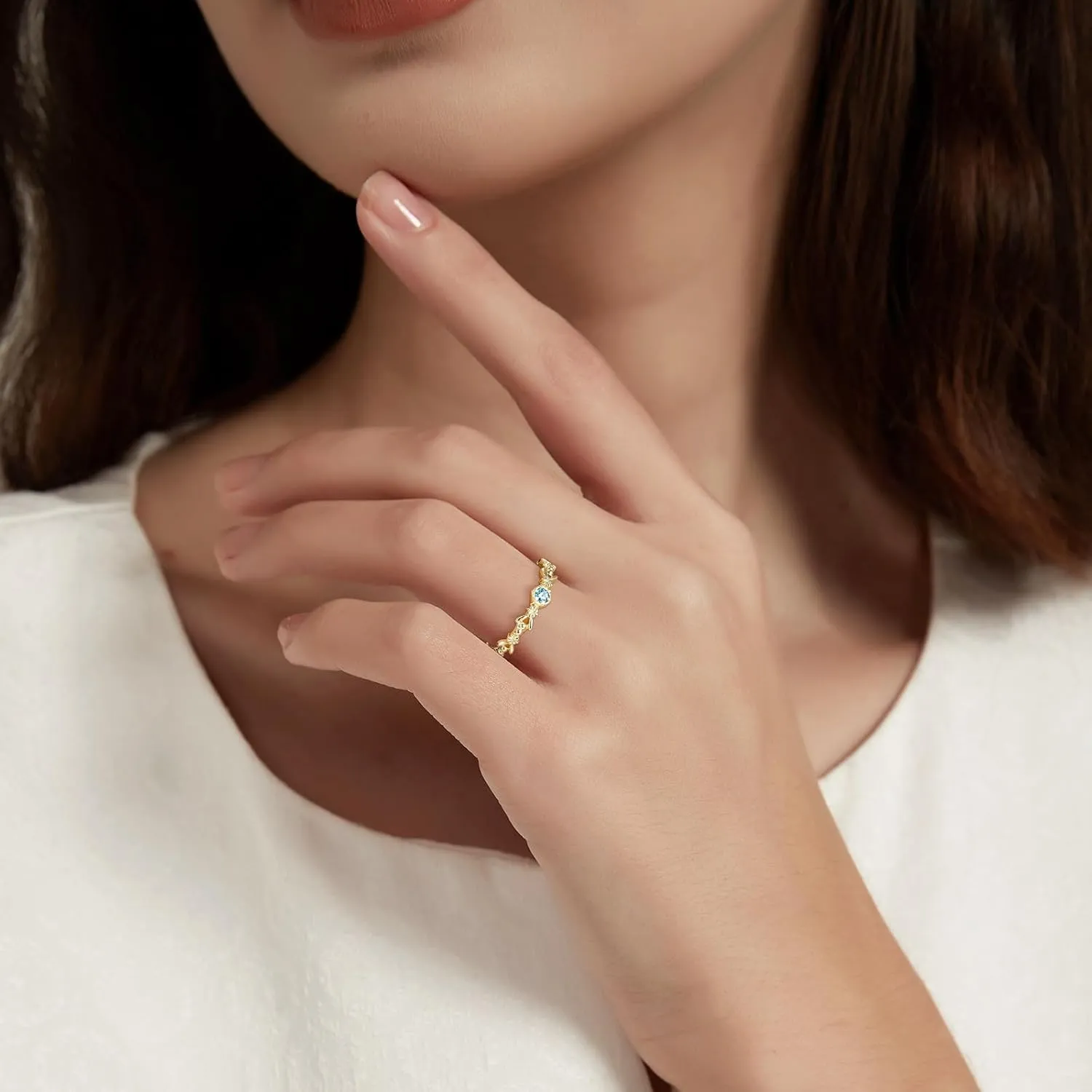 SHINYSO 14K Gold Plated Wedding Band for Women Created Blue Topaz Thin Stacking Ring CZ Eternity Engagement Ring Size 4-10