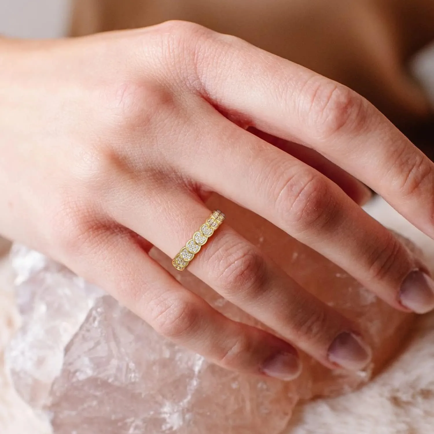 SHINYSO 14K Gold Plated Wedding Bands for Women Cubic Zirconia Round Eternity Engagement Promise Rings for Her Size 4-10