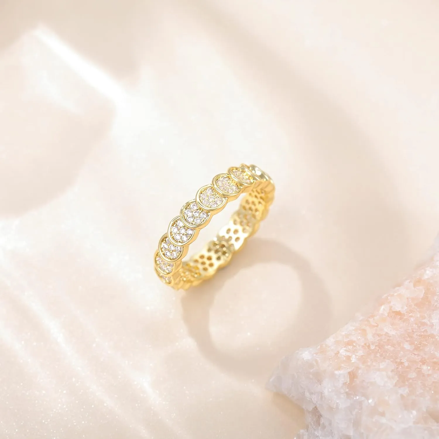 SHINYSO 14K Gold Plated Wedding Bands for Women Cubic Zirconia Round Eternity Engagement Promise Rings for Her Size 4-10
