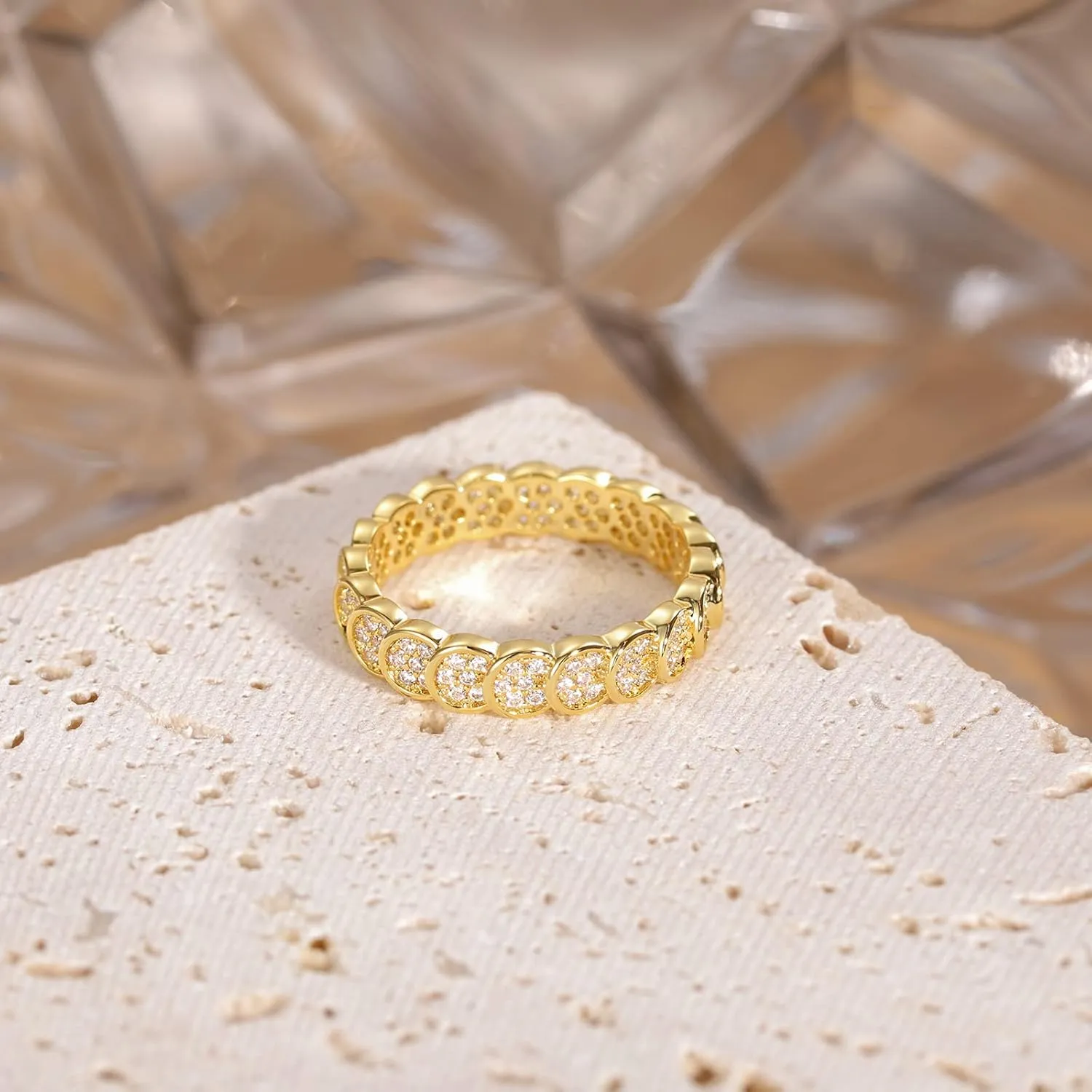 SHINYSO 14K Gold Plated Wedding Bands for Women Cubic Zirconia Round Eternity Engagement Promise Rings for Her Size 4-10
