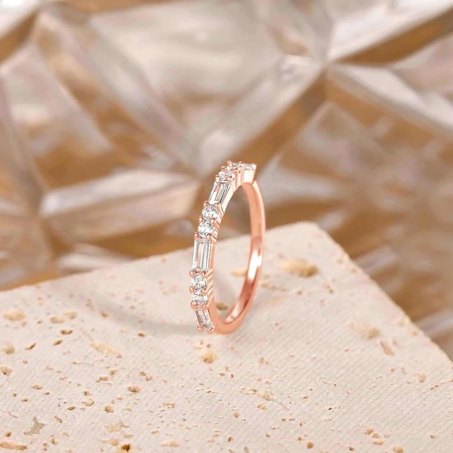 SHINYSO Wedding Band for Women Cubic Zirconia Ring Baguette Round Thin Stackable Rings Eternity Band for Her Gold/Silver/Rose Gold Size 4-10