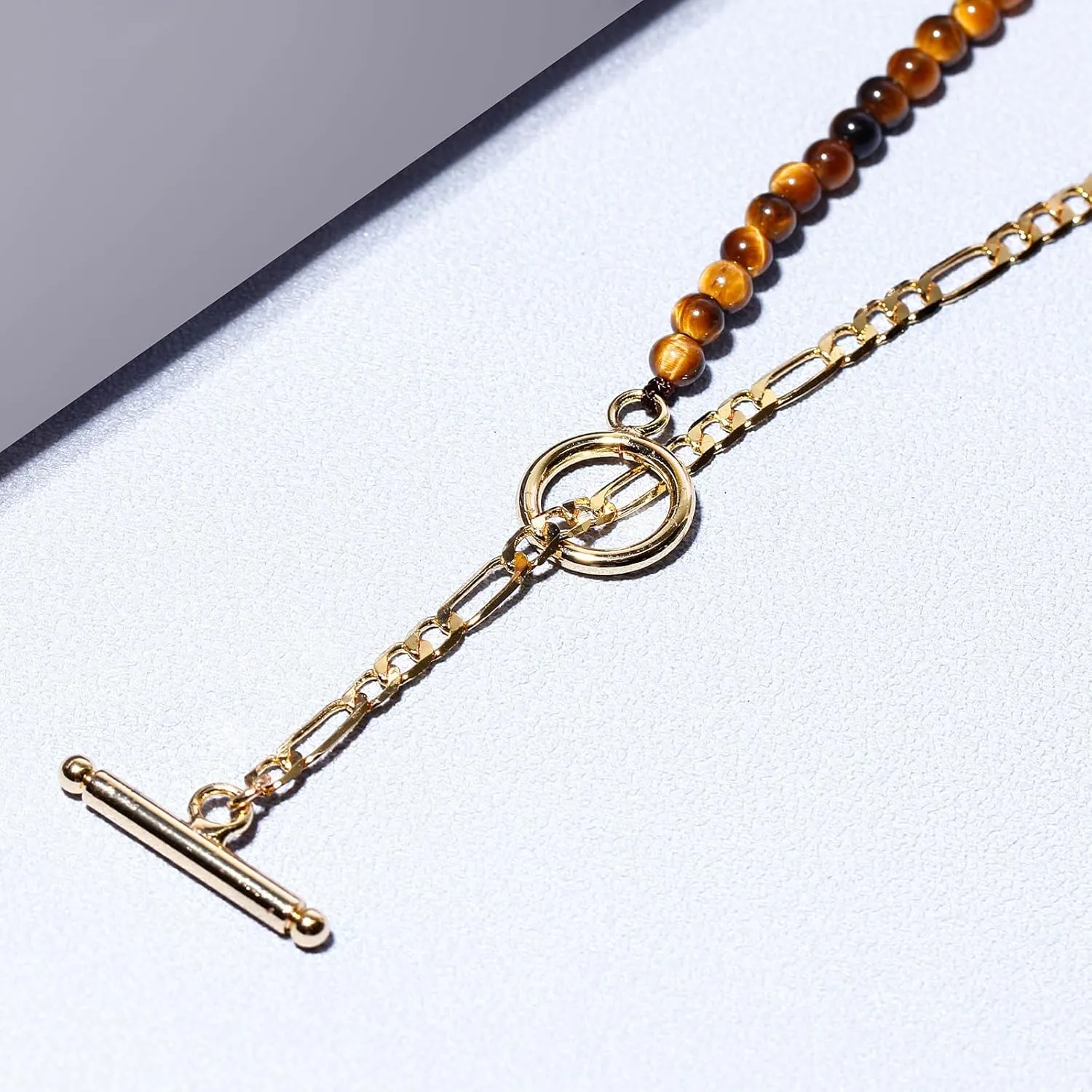 Simple Crystals and Stone Beaded Necklaces for Women Trendy 14K Gold Plated Figaro Chain T-Bar Clasp Y Shaped Necklace