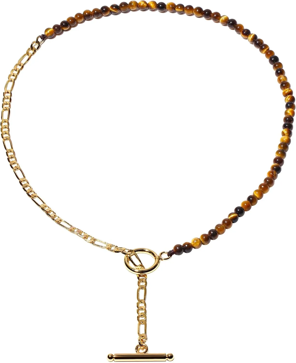 Simple Crystals and Stone Beaded Necklaces for Women Trendy 14K Gold Plated Figaro Chain T-Bar Clasp Y Shaped Necklace