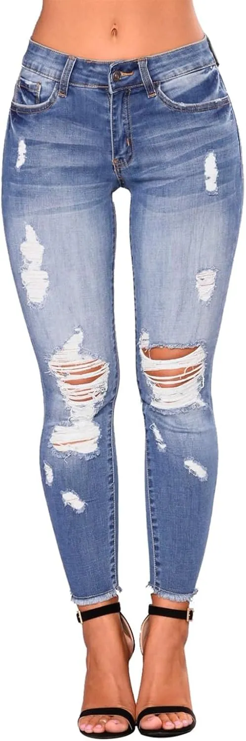 Skinny Jeans for Women Trendy Destroyed Ripped Stretchy High Waisted Jeans Casual Tummy Control Button Denim Pants
