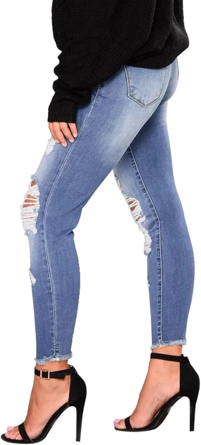 Skinny Jeans for Women Trendy Destroyed Ripped Stretchy High Waisted Jeans Casual Tummy Control Button Denim Pants