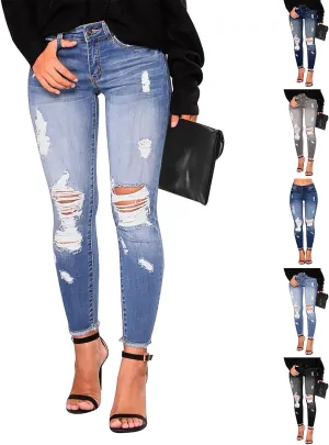 Skinny Jeans for Women Trendy Destroyed Ripped Stretchy High Waisted Jeans Casual Tummy Control Button Denim Pants
