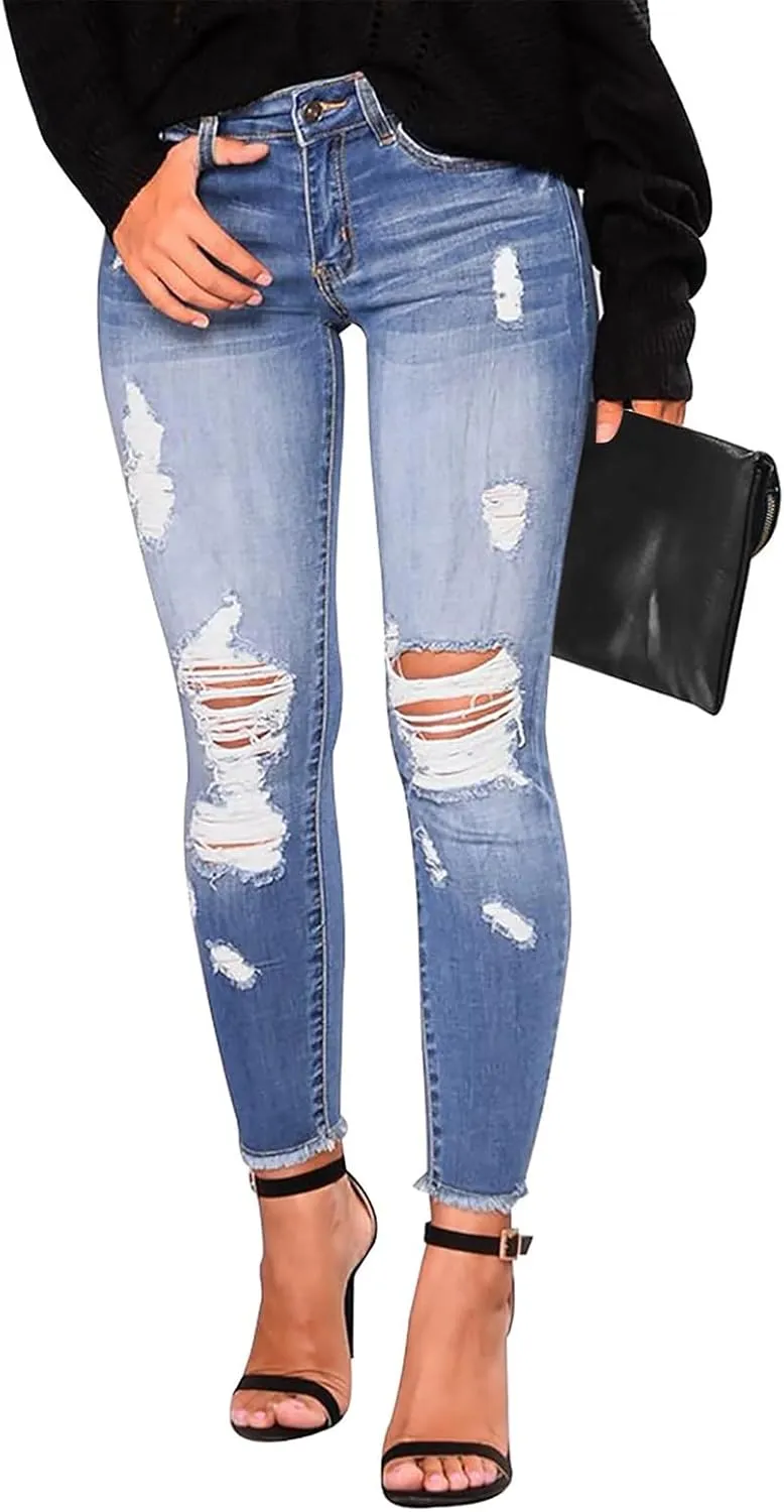 Skinny Jeans for Women Trendy Destroyed Ripped Stretchy High Waisted Jeans Casual Tummy Control Button Denim Pants