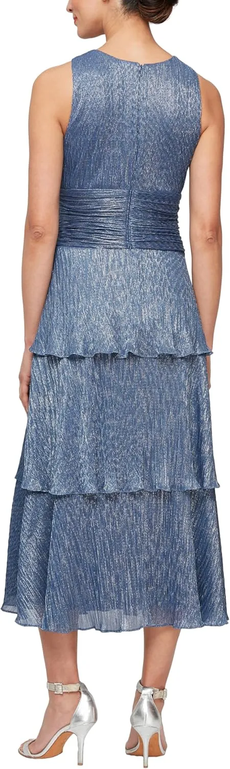 S.L. Fashions Women's Cross Neckline Midi Cocktail Tiered Skirt, Special Occasion Dress