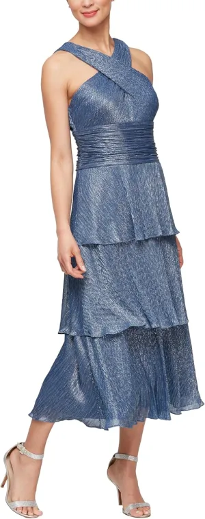 S.L. Fashions Women's Cross Neckline Midi Cocktail Tiered Skirt, Special Occasion Dress