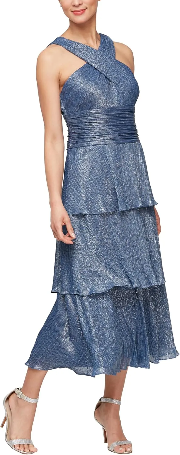 S.L. Fashions Women's Cross Neckline Midi Cocktail Tiered Skirt, Special Occasion Dress