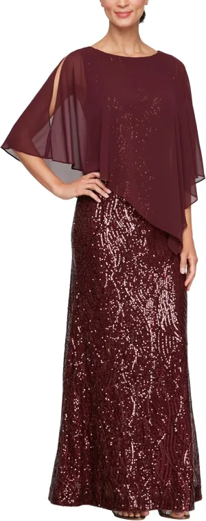 S.L. Fashions Women's Long Length Sequin Lace Beaded Capelet Dress, Formal Evening Gown, (Petite and Regular Sizes)