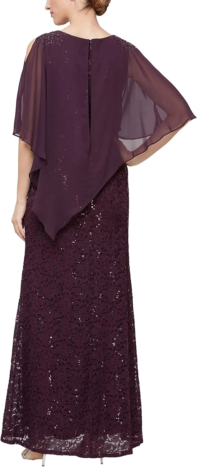 S.L. Fashions Women's Long Length Sequin Lace Beaded Capelet Dress, Formal Evening Gown, (Petite and Regular Sizes)