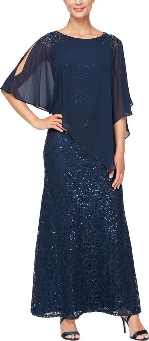 S.L. Fashions Women's Long Length Sequin Lace Beaded Capelet Dress, Formal Evening Gown, (Petite and Regular Sizes)