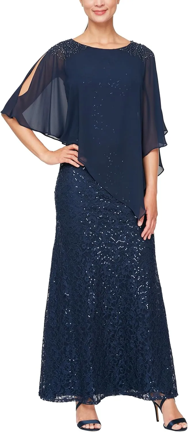 S.L. Fashions Women's Long Length Sequin Lace Beaded Capelet Dress, Formal Evening Gown, (Petite and Regular Sizes)