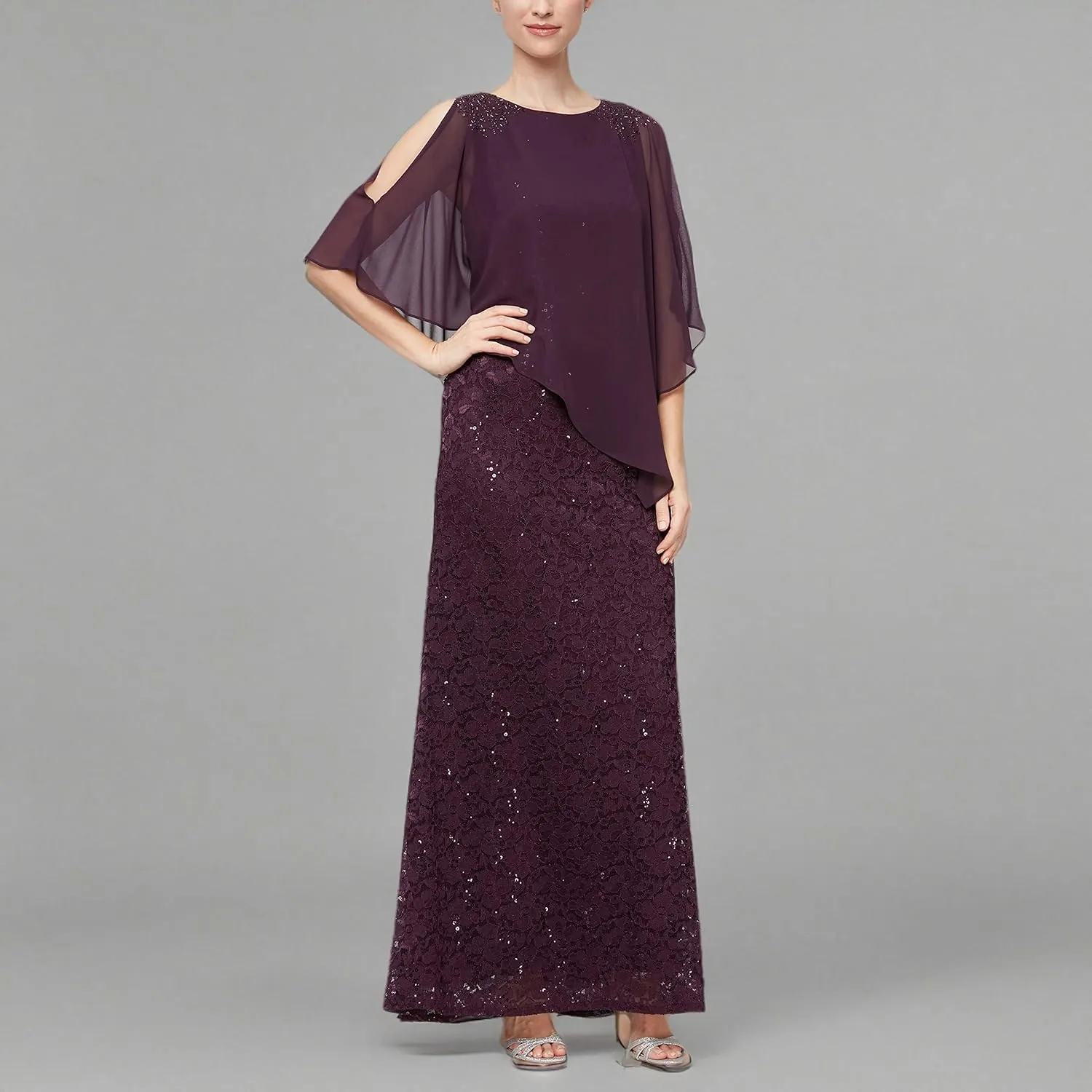 S.L. Fashions Women's Long Length Sequin Lace Beaded Capelet Dress, Formal Evening Gown, (Petite and Regular Sizes)