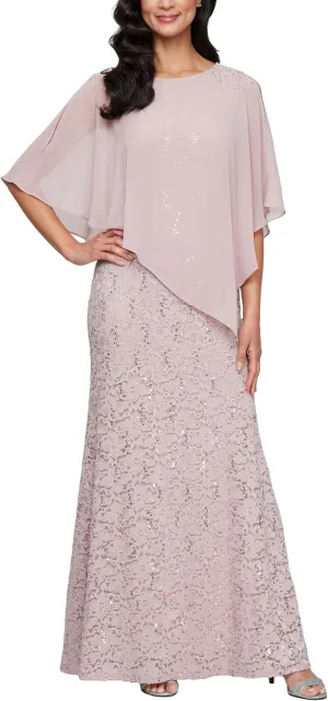 S.L. Fashions Women's Long Length Sequin Lace Beaded Capelet Dress, Formal Evening Gown, (Petite and Regular Sizes)