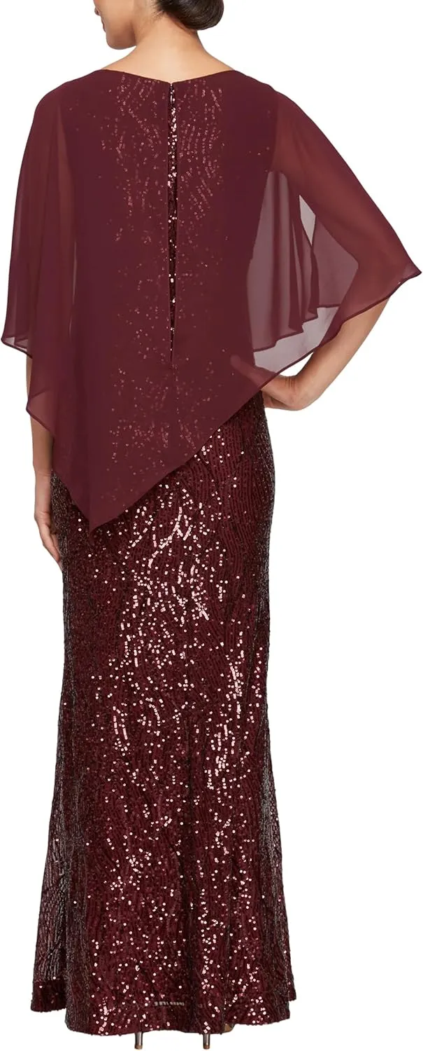 S.L. Fashions Women's Long Length Sequin Lace Beaded Capelet Dress, Formal Evening Gown, (Petite and Regular Sizes)