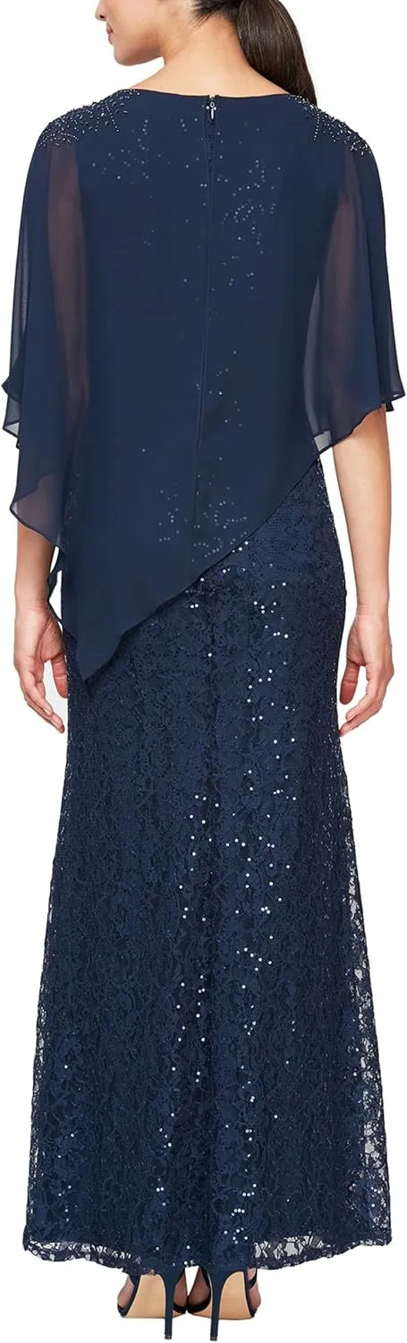 S.L. Fashions Women's Long Length Sequin Lace Beaded Capelet Dress, Formal Evening Gown, (Petite and Regular Sizes)