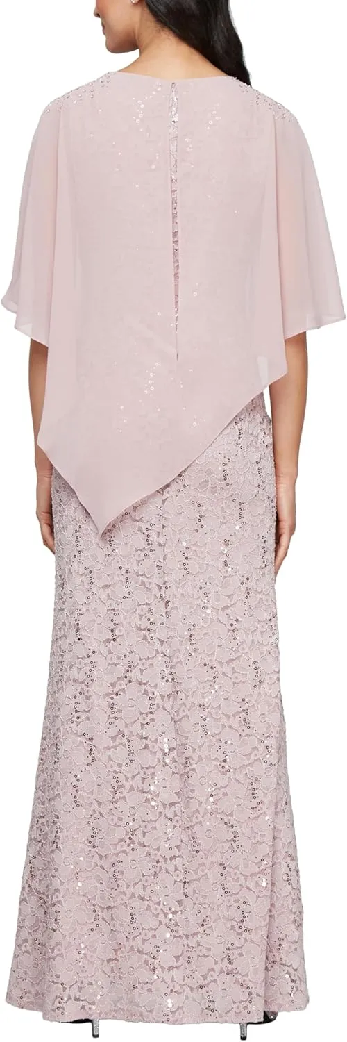 S.L. Fashions Women's Long Length Sequin Lace Beaded Capelet Dress, Formal Evening Gown, (Petite and Regular Sizes)