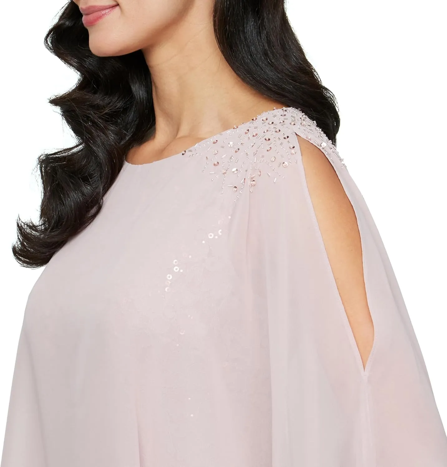 S.L. Fashions Women's Long Length Sequin Lace Beaded Capelet Dress, Formal Evening Gown, (Petite and Regular Sizes)