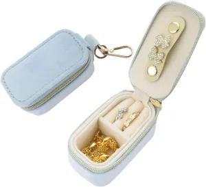 Small Jewelry Travel Case, 2-in-1 Velvet Mini Travel Ring Holder Keychain &Jewelry Organizer for Earrings,Necklaces,Bracelets, Jewelry Storage Bag for Travel,Wedding,Vacation,Gifts for Women (Blue)