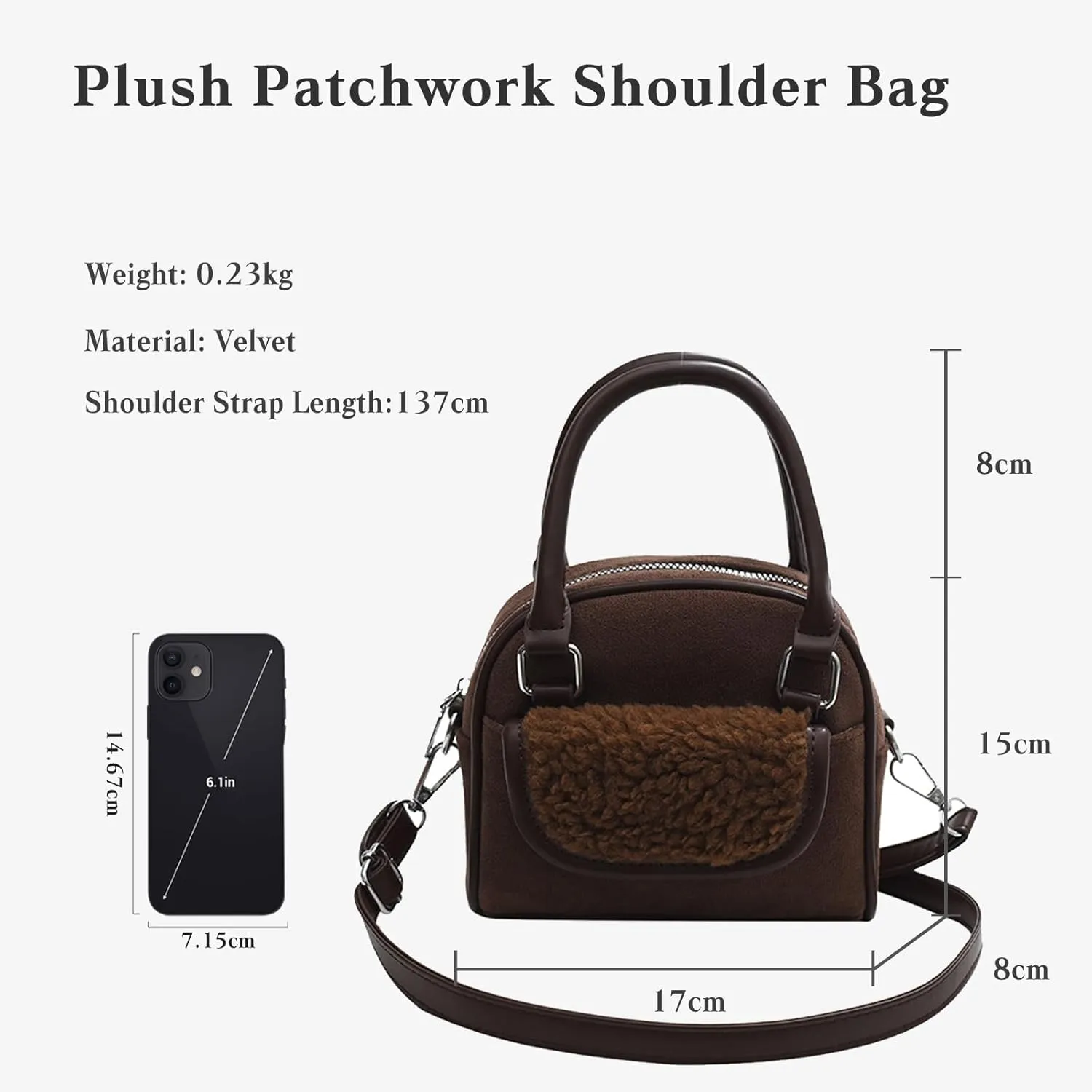 Small Velvet Handbag for Women - Lamb Wool Shoulder Tote, Soft Plush Vintage Crossbody, Fluffy Messenger