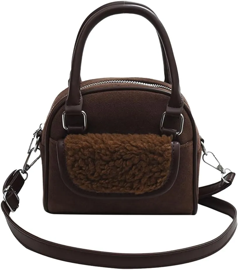 Small Velvet Handbag for Women - Lamb Wool Shoulder Tote, Soft Plush Vintage Crossbody, Fluffy Messenger