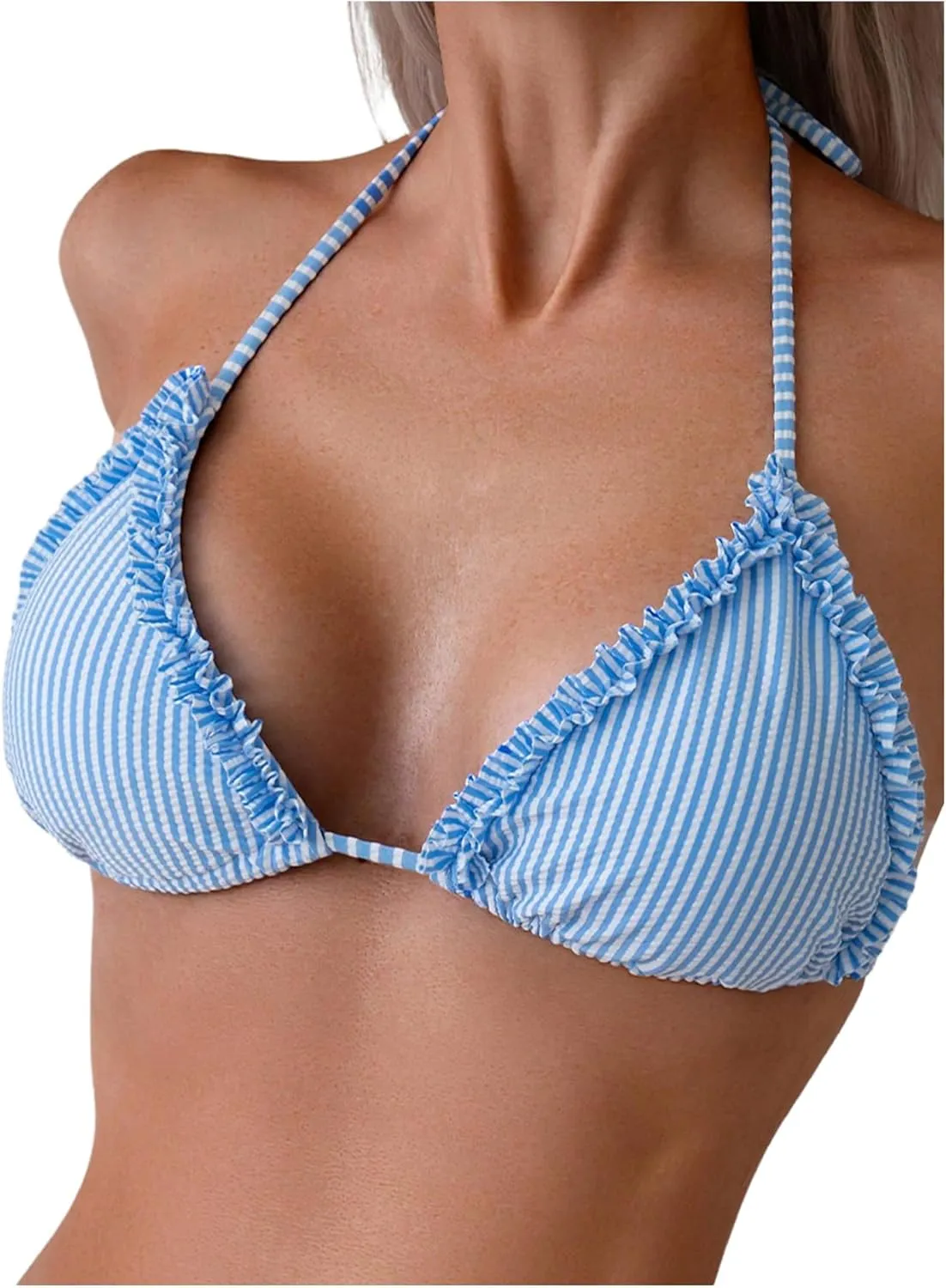 SOLY HUX Women's Triangle Bikini Top Striped Halter Padded Push Up Swimsuit Bathing Suits Tops
