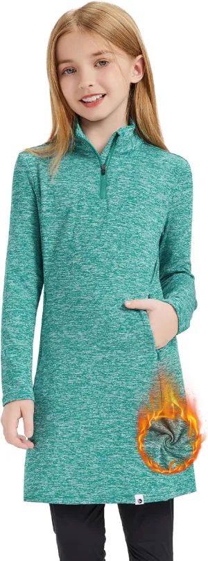 Soneven Girls Fleece Sweatshirts Winter Dresses Half Zip Thermal Pullover Dress Athletic Sweatshirts with Thumbholes