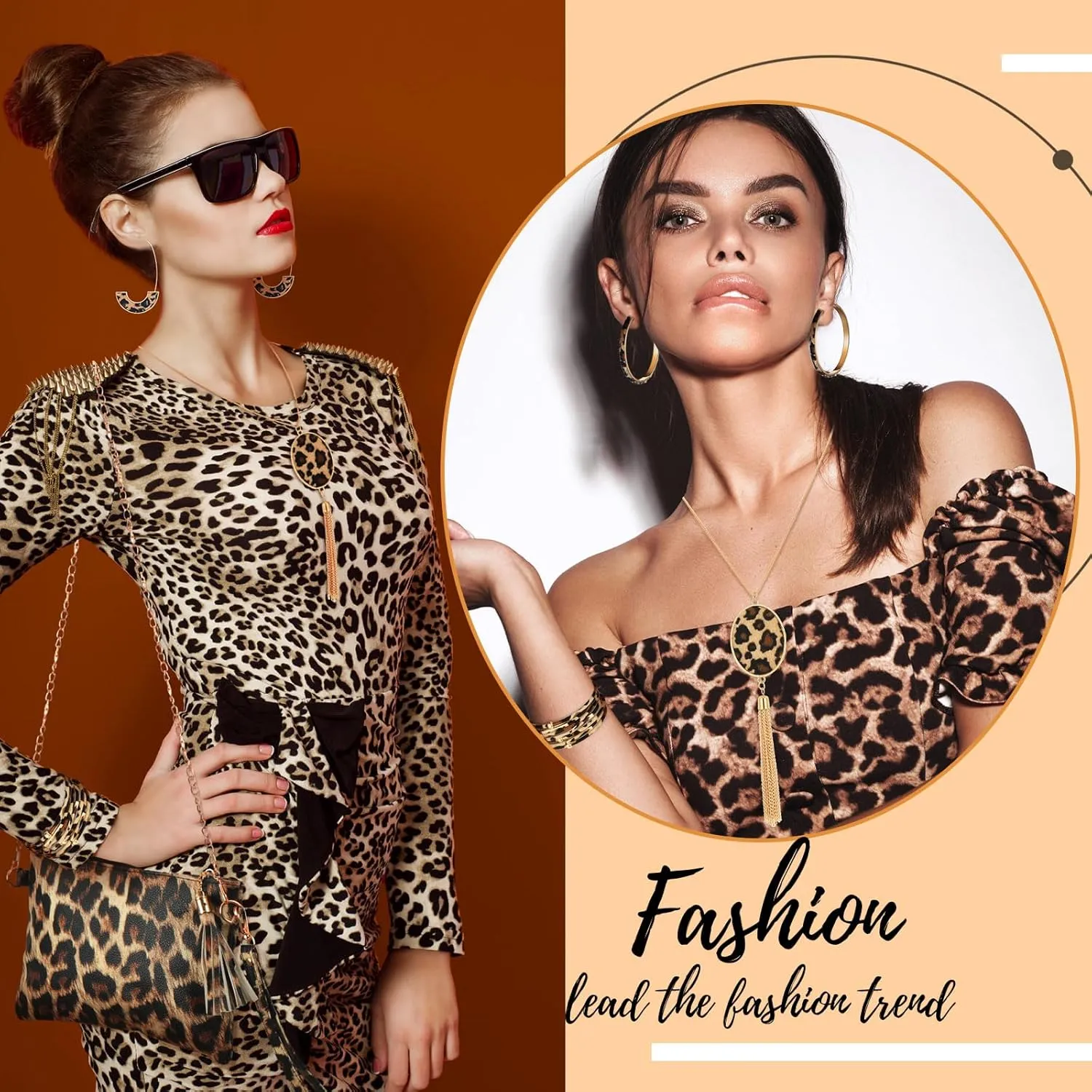 Sotiff 5 Pcs Women Leopard Purse Leopard Jewelry Set Necklaces Clutch Earring Leather Wrap Bracelets Long Tassel Pendant